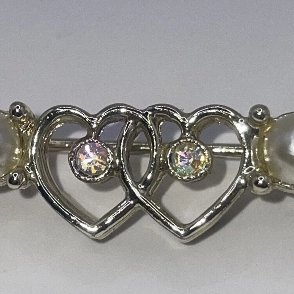 VTG 60s SARAH COVENTRY Bar Brooch Pin Faux Pearl Hearts AB Rhinestones Gold Tone